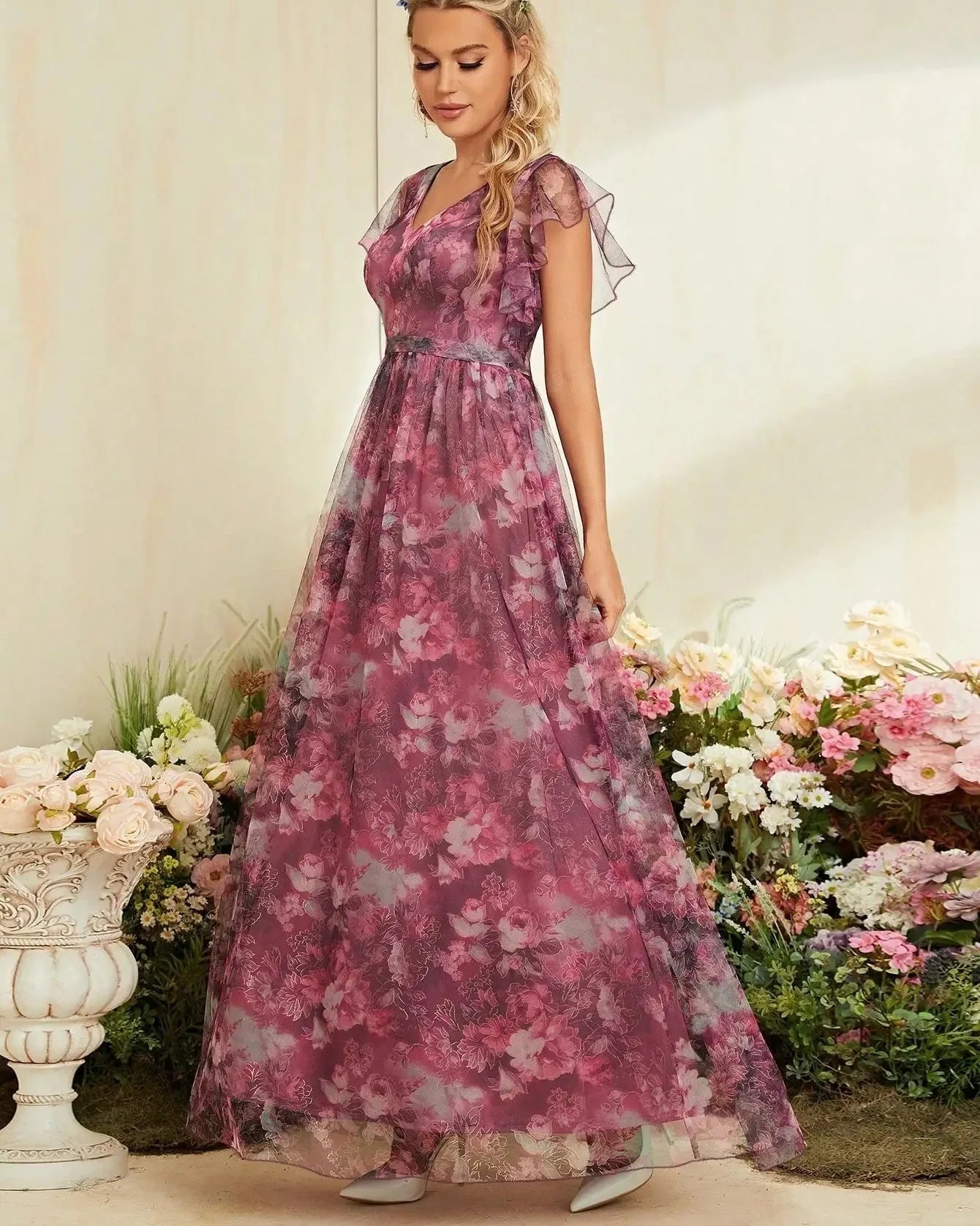 V-Neck Ruffled Lace Evening Gown – Ankle-Length Dress