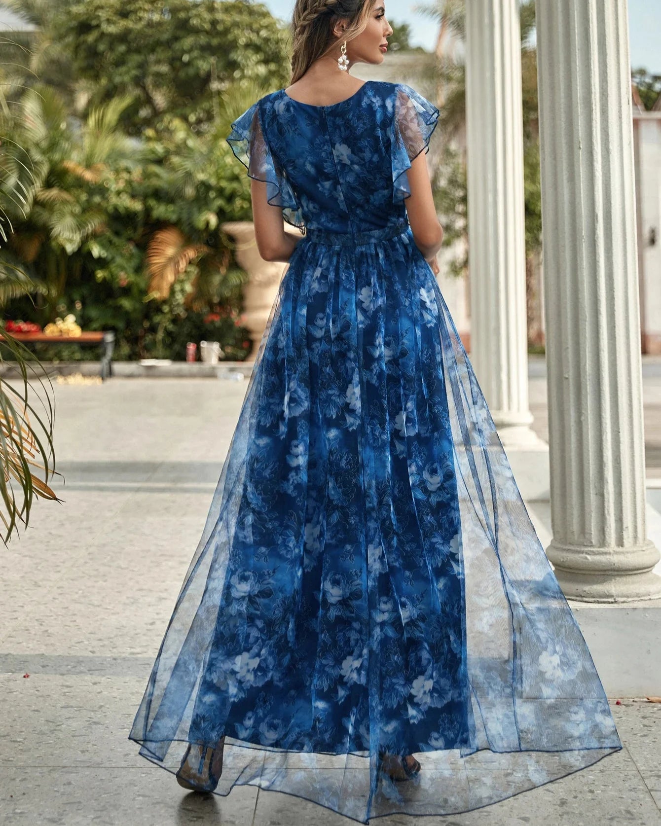 V-Neck Ruffled Lace Evening Gown – Ankle-Length Dress