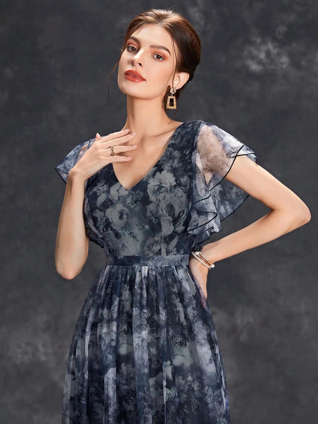 V-Neck Ruffled Lace Evening Gown – Ankle-Length Dress