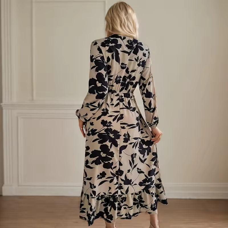 Boho-Inspired Floral Print Maxi Dress Loose Fit Long Sleeves