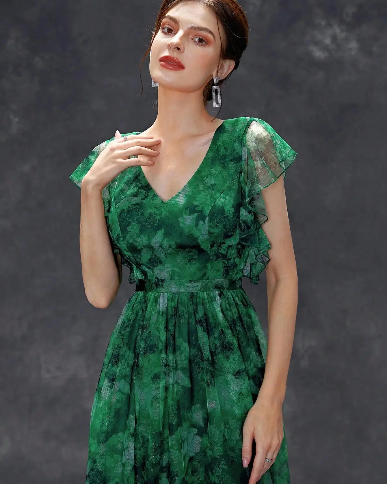 V-Neck Ruffled Lace Evening Gown – Ankle-Length Dress