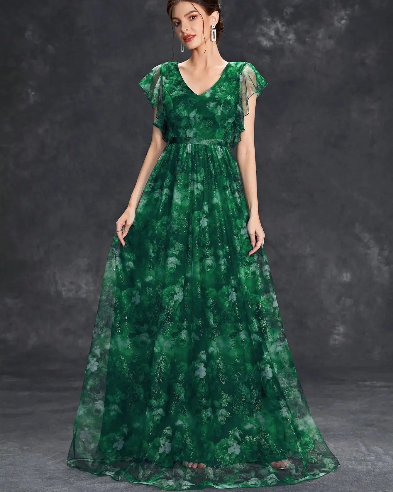 V-Neck Ruffled Lace Evening Gown – Ankle-Length Dress