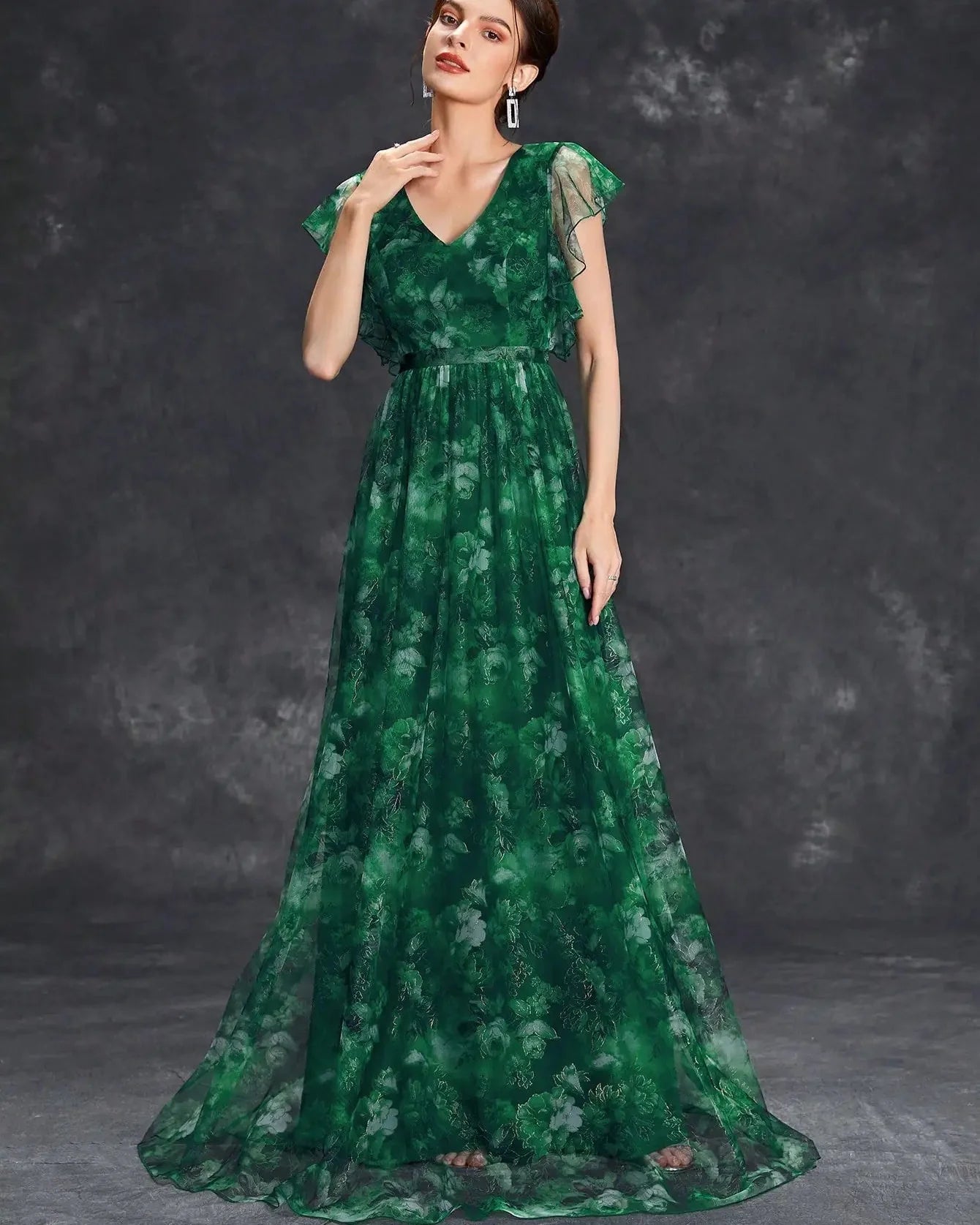 V-Neck Ruffled Lace Evening Gown – Ankle-Length Dress