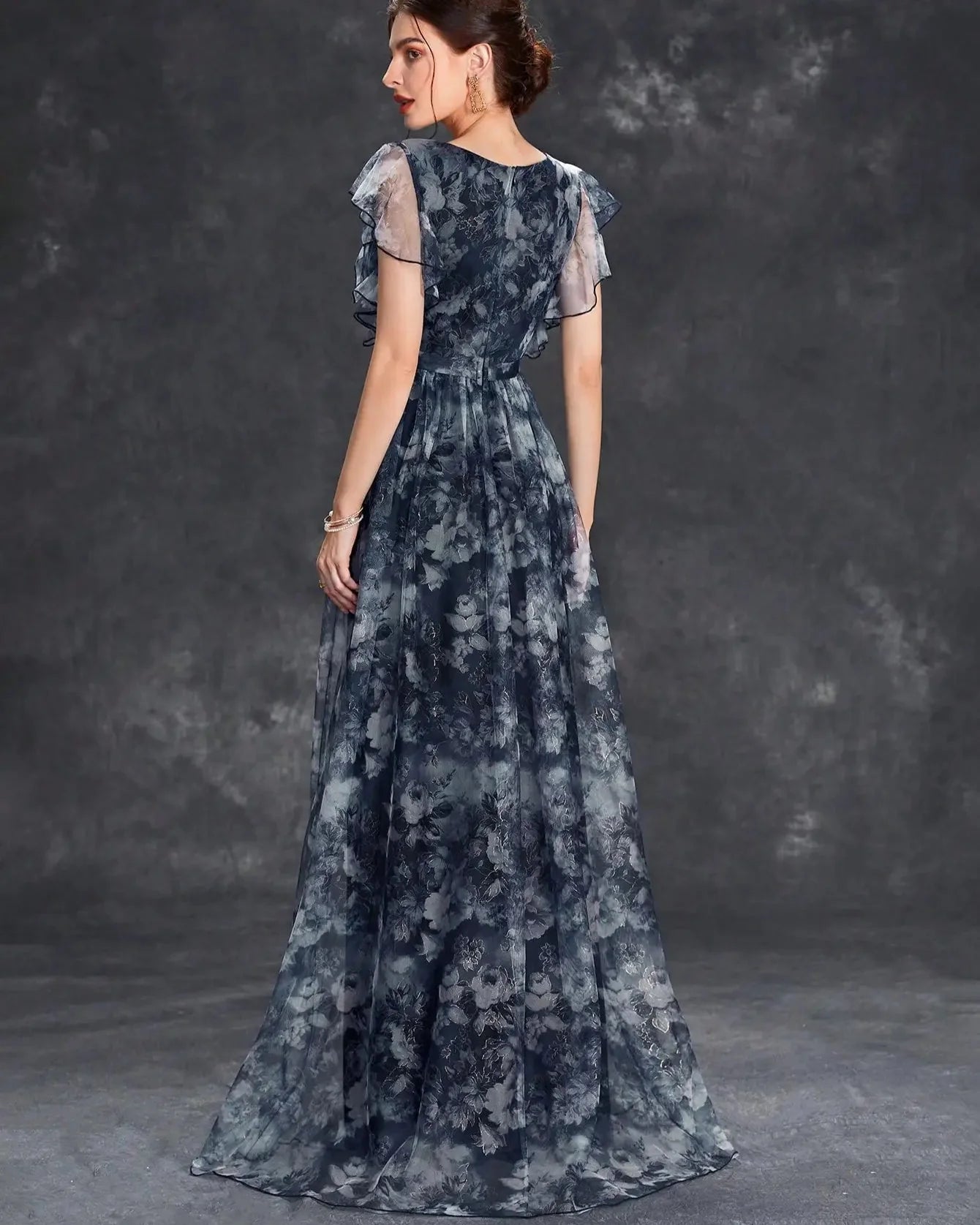 V-Neck Ruffled Lace Evening Gown – Ankle-Length Dress
