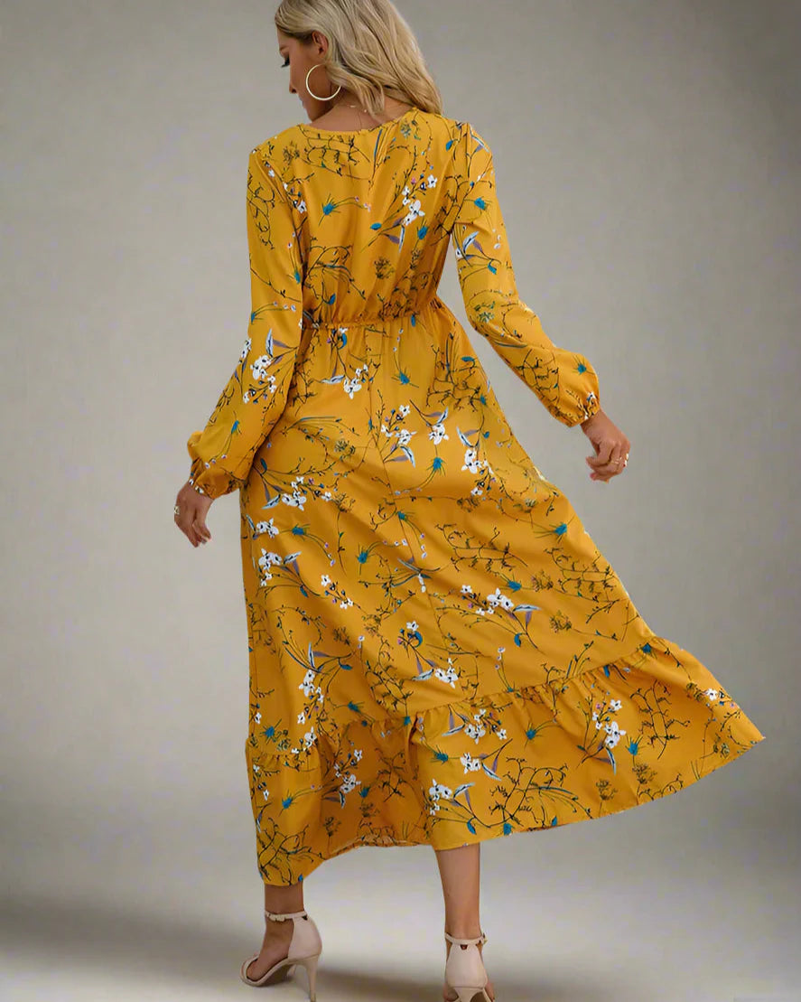 Yellow Floral Print Casual O-Neck Long Sleeve Maxi Dress