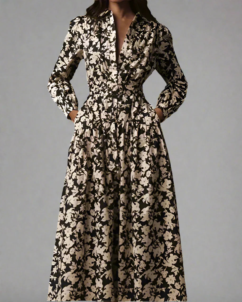 Floral Long Sleeve Shirt Dress with Belt Maxi Dress