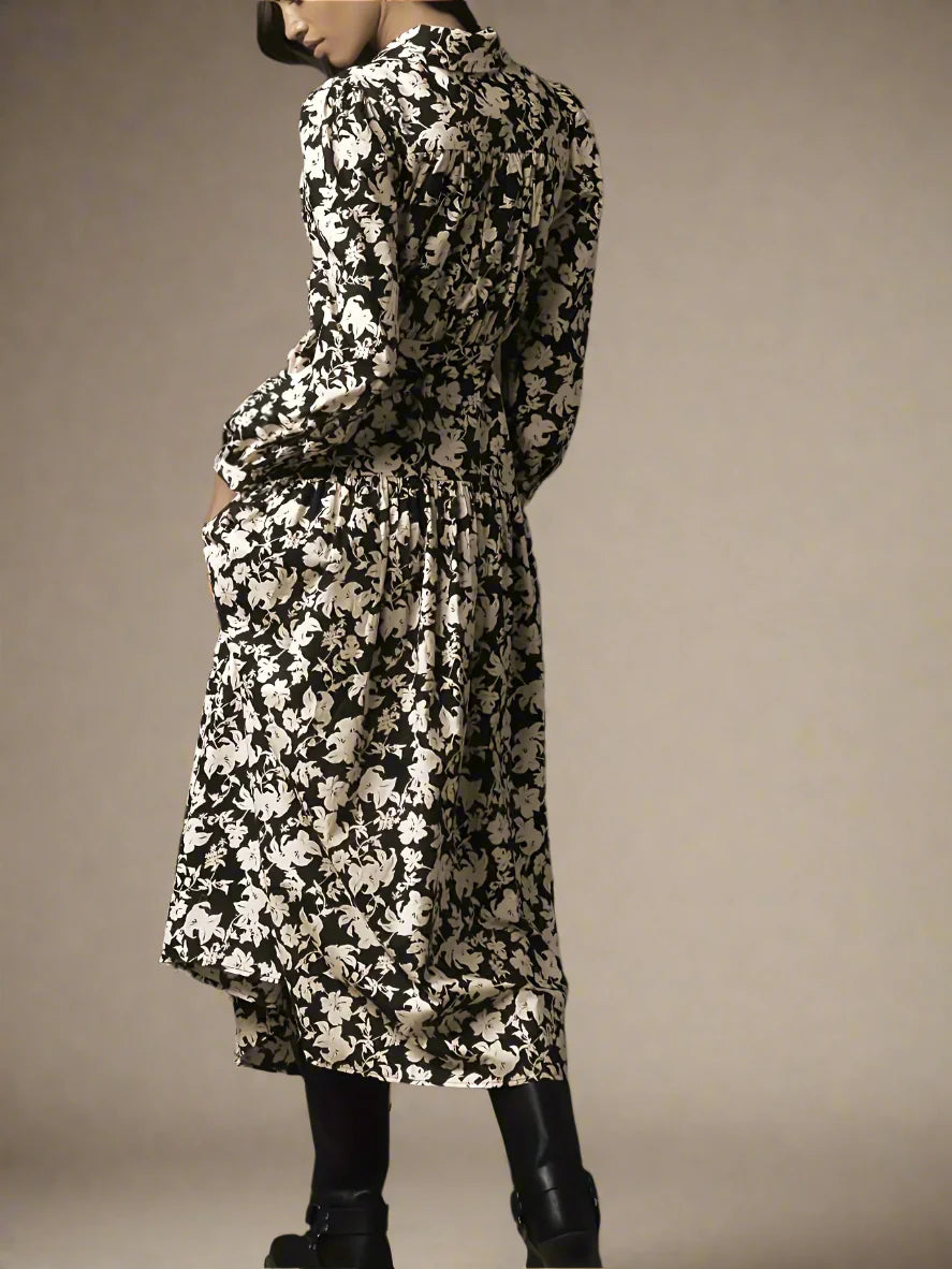 Floral Long Sleeve Shirt Dress with Belt Maxi Dress