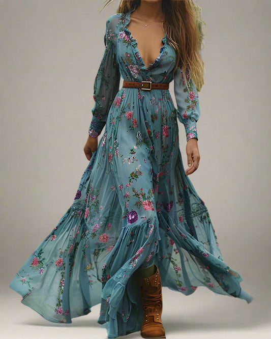Bohemian Floral Maxi Dress – V-Neck A-Line Long Sleeves