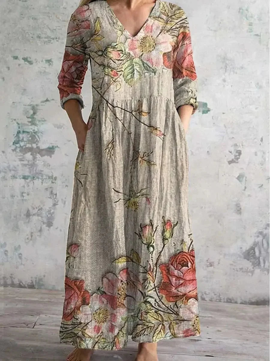 Casual Floral Print Mid-Length V-Neck Midi Dress