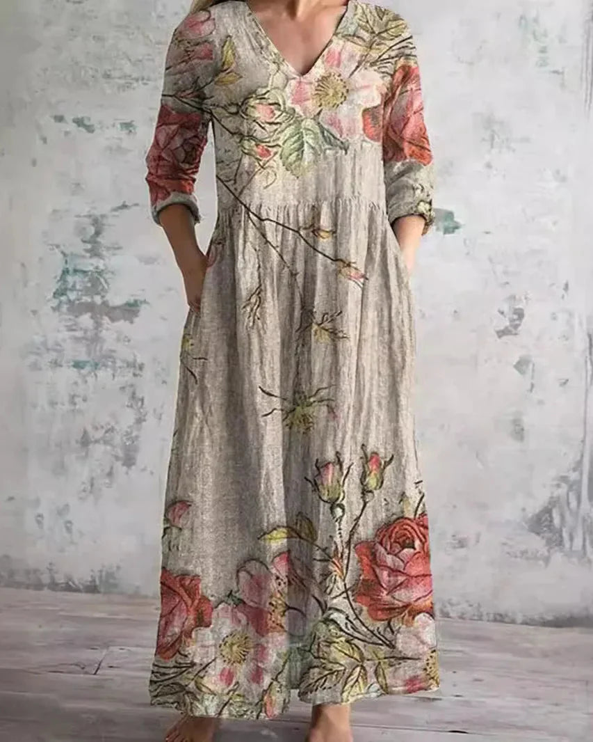 Casual Floral Print Mid-Length V-Neck Midi Dress