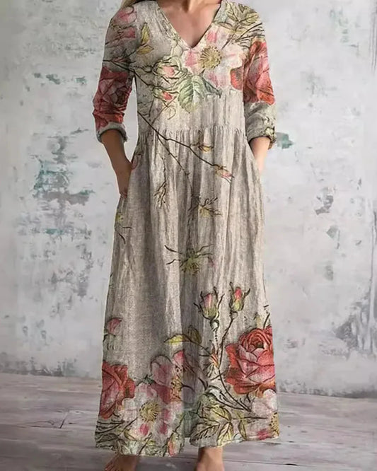 Casual Floral Print Mid-Length V-Neck Midi Dress