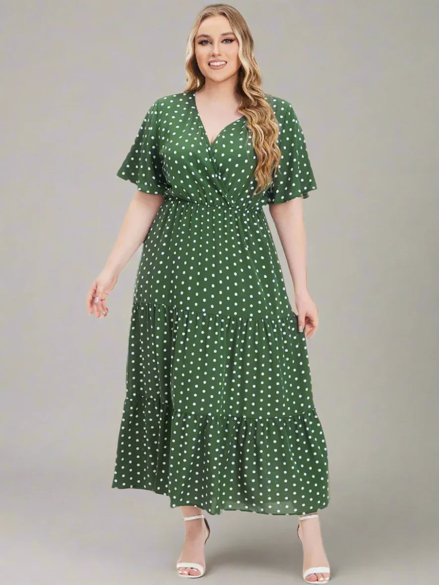 Plus Size Polka Dot V-Neck Boho Maxi Dress