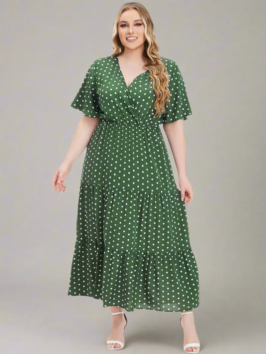 Plus Size Polka Dot V-Neck Boho Maxi Dress