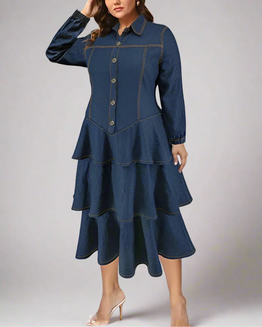 Plus Size Denim Shirt Dress Tiered Maxi Long Sleeve Dress