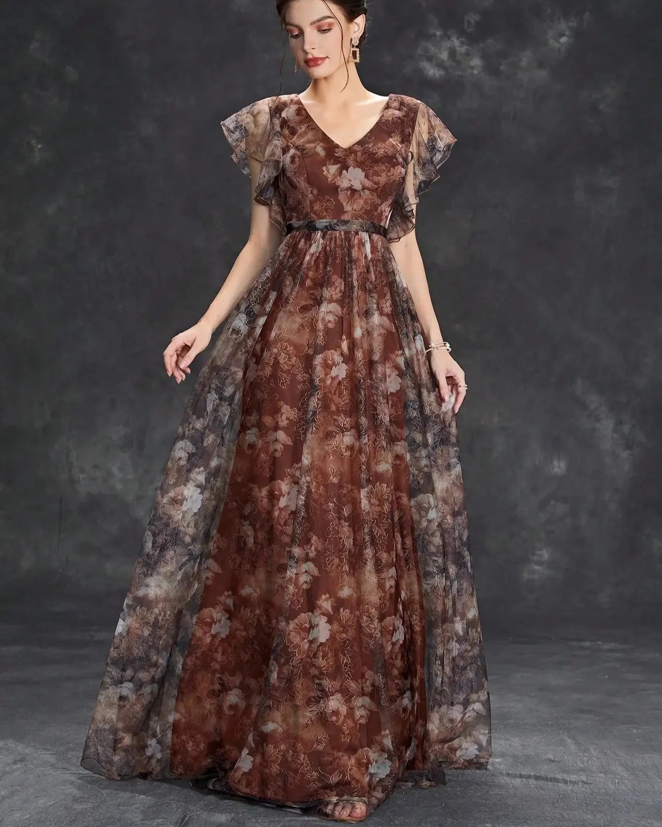 V-Neck Ruffled Lace Evening Gown – Ankle-Length Dress