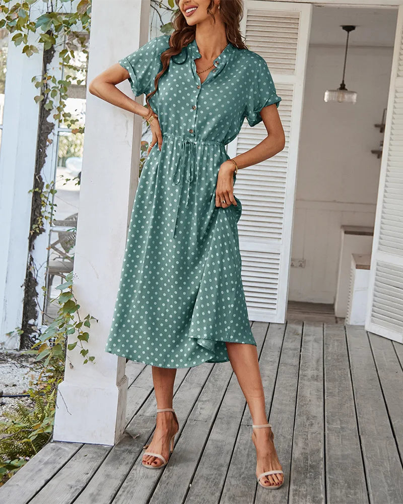 Polka Dot Print Button-Up Midi Shirt Dress