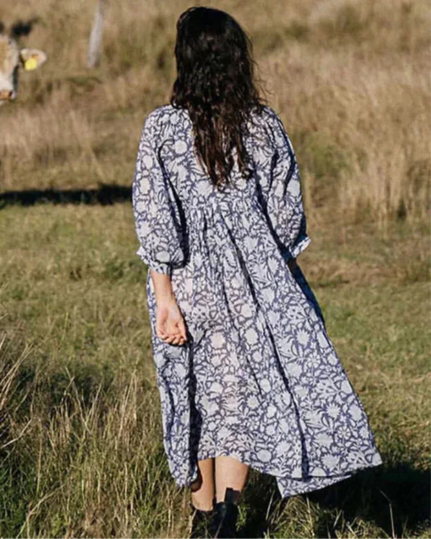 Boho Vintage Floral Puff Sleeve Patchwork Pleated Dress