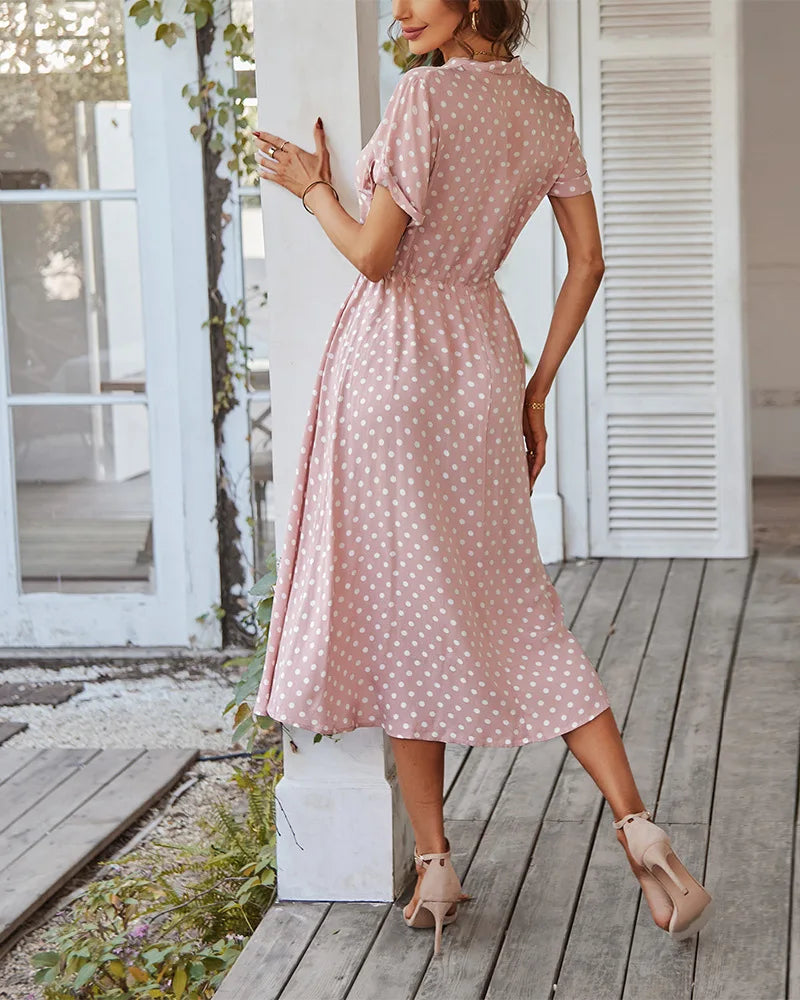 Polka Dot Print Casual Summer Shirt Midi Dress