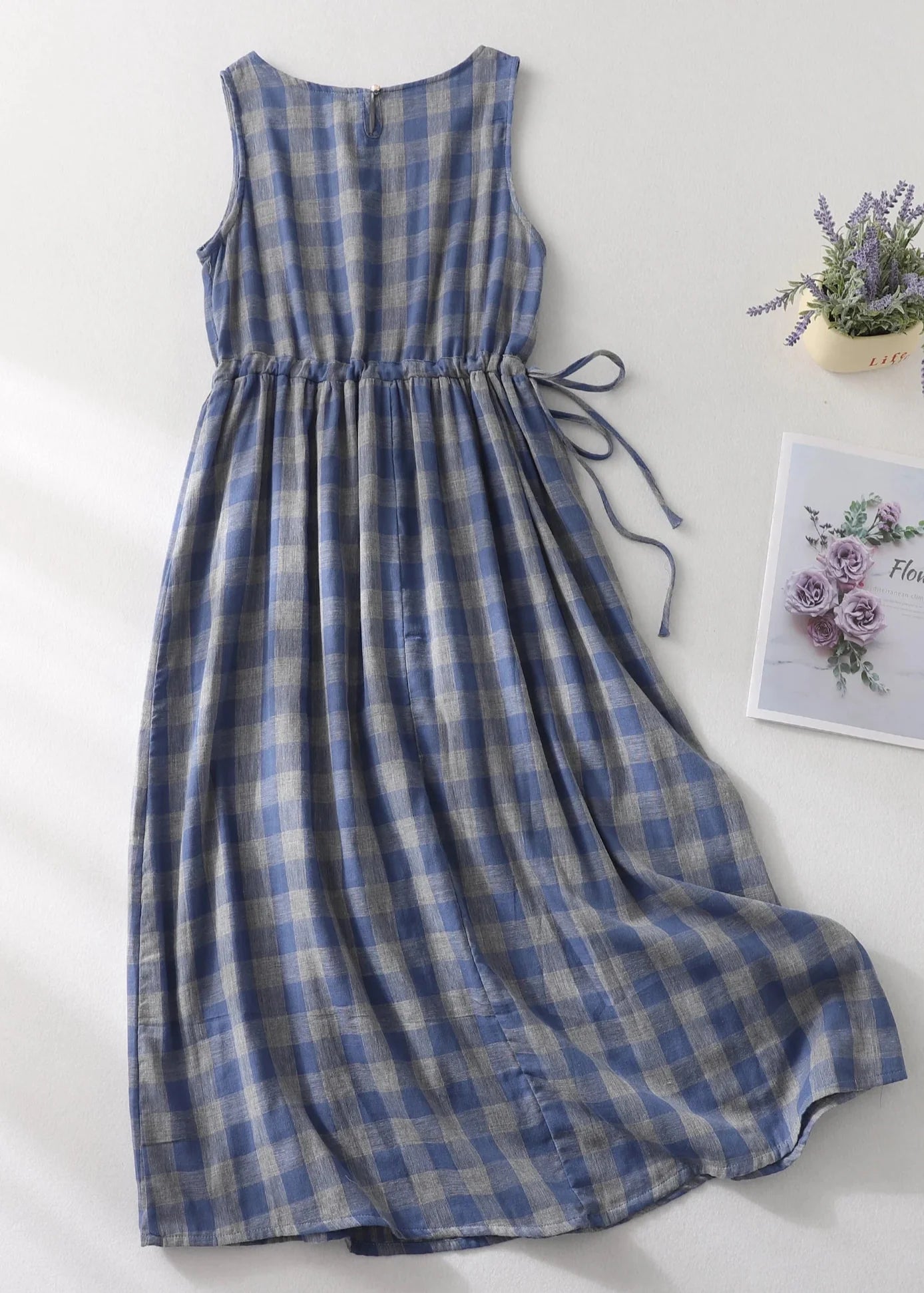 Sleeveless Midi Dress Drawstring A-Line Dress with Pockets
