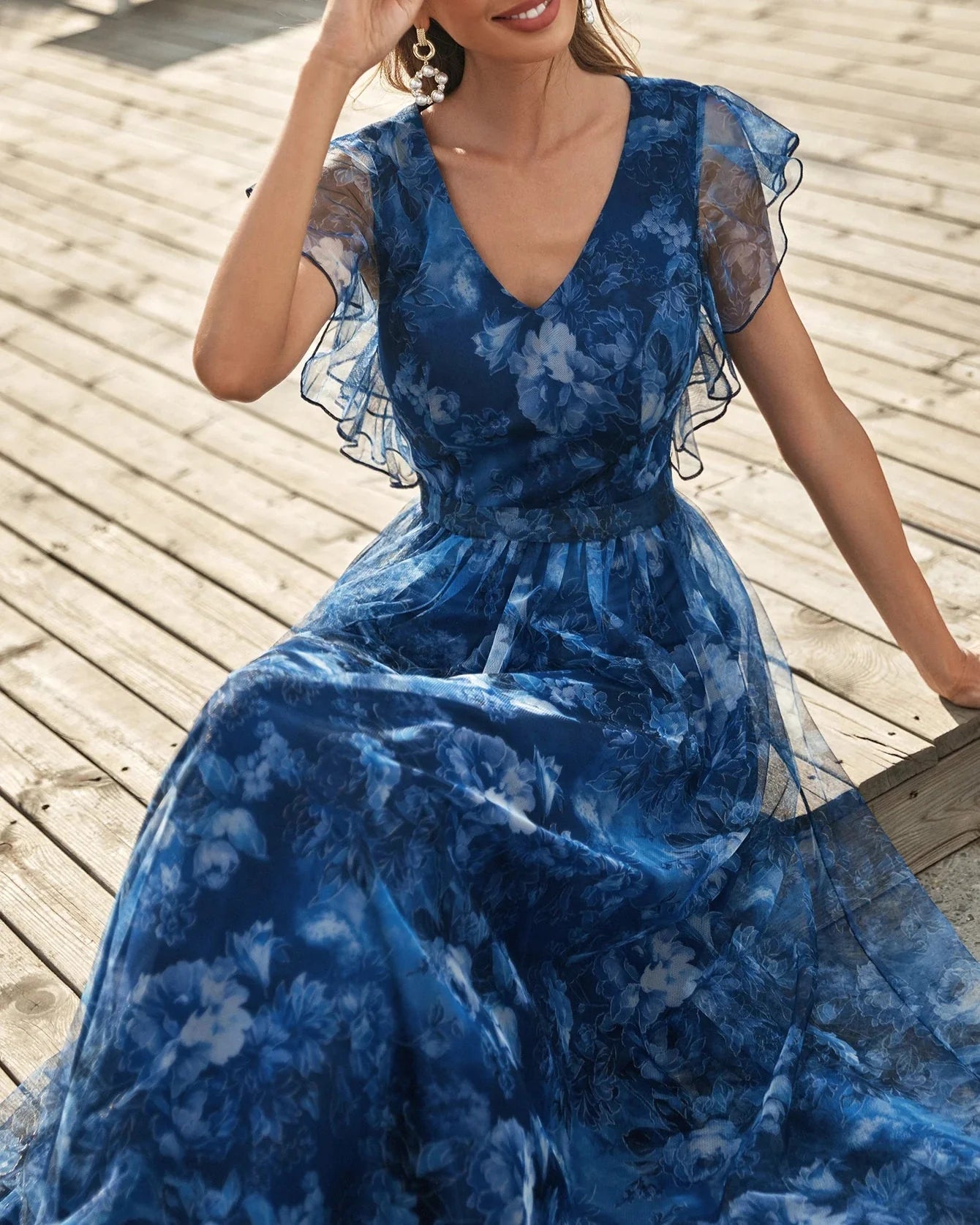 V-Neck Ruffled Lace Evening Gown – Ankle-Length Dress