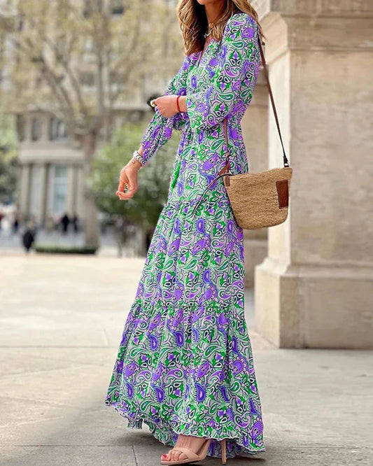 Bohemian V-Neck, Long Sleeve, High Waist Dress