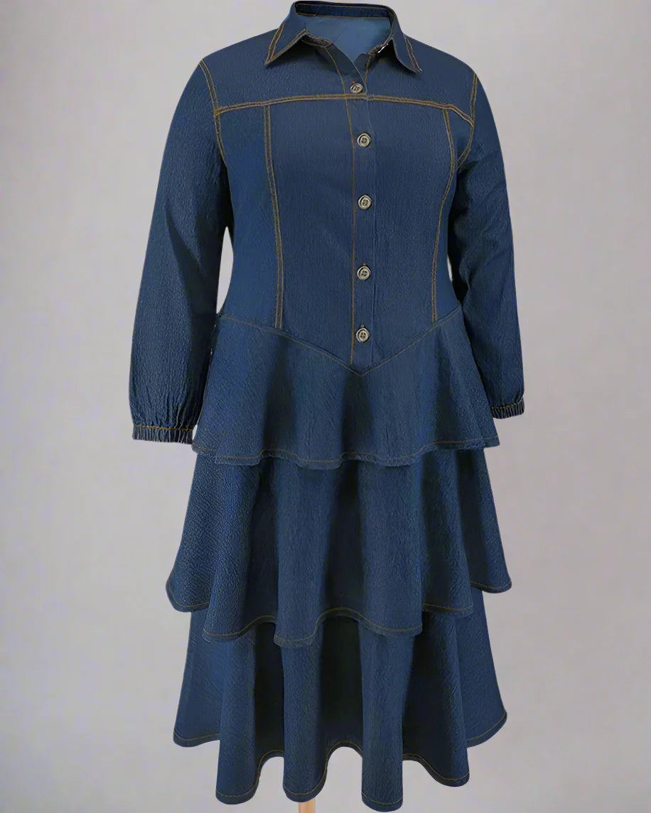 Plus Size Denim Shirt Dress Tiered Maxi Long Sleeve Dress