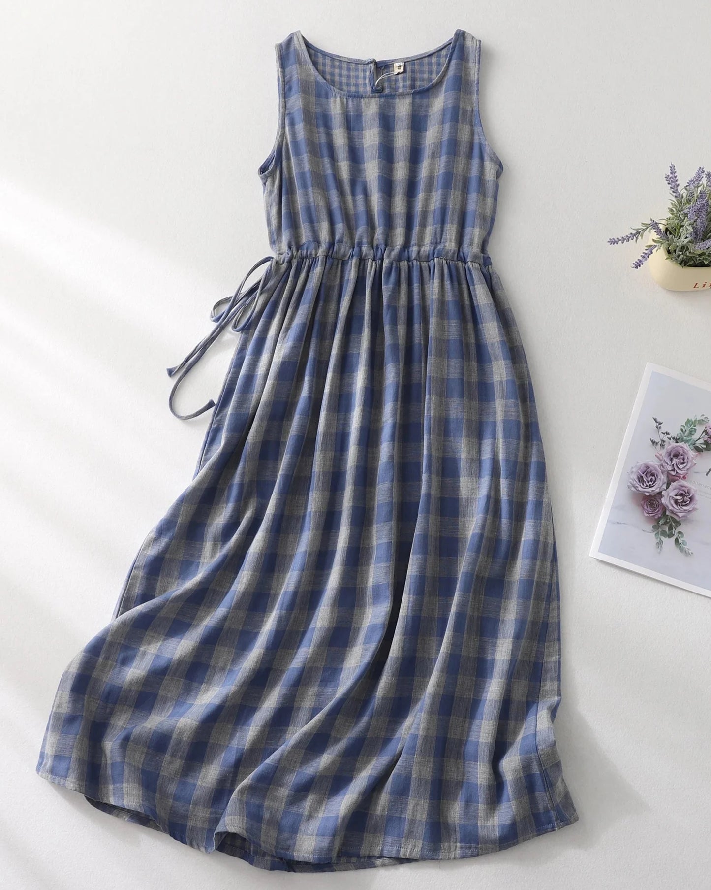 Sleeveless Midi Dress Drawstring A-Line Dress with Pockets