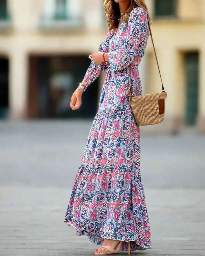 Bohemian V-Neck, Long Sleeve, High Waist Dress