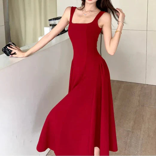 Square Collar Sleeveless A-Line Midi Dress