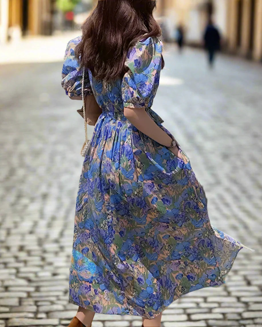 Women’s Chic Floral Long Dress – Casual Puff Sleeves