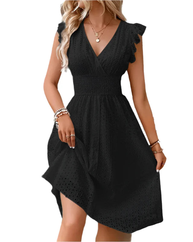Summer V-Neck Beach Dress with Flare Sleeves & Lace Waist
