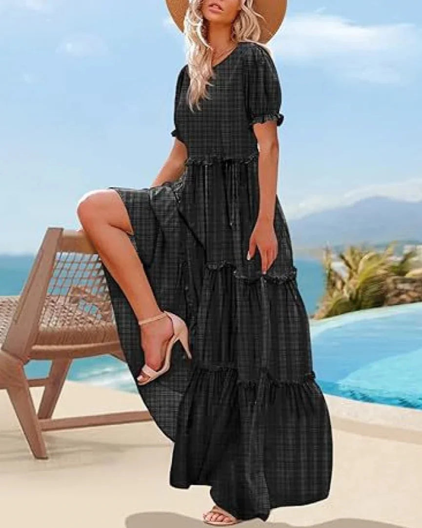 Bohemian Floral Maxi Dress with Puff Sleeves Skirt