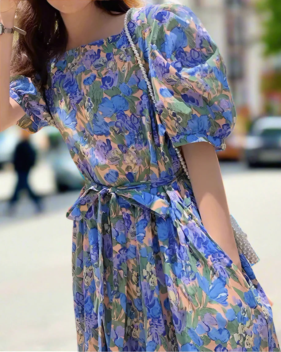 Women’s Chic Floral Long Dress – Casual Puff Sleeves