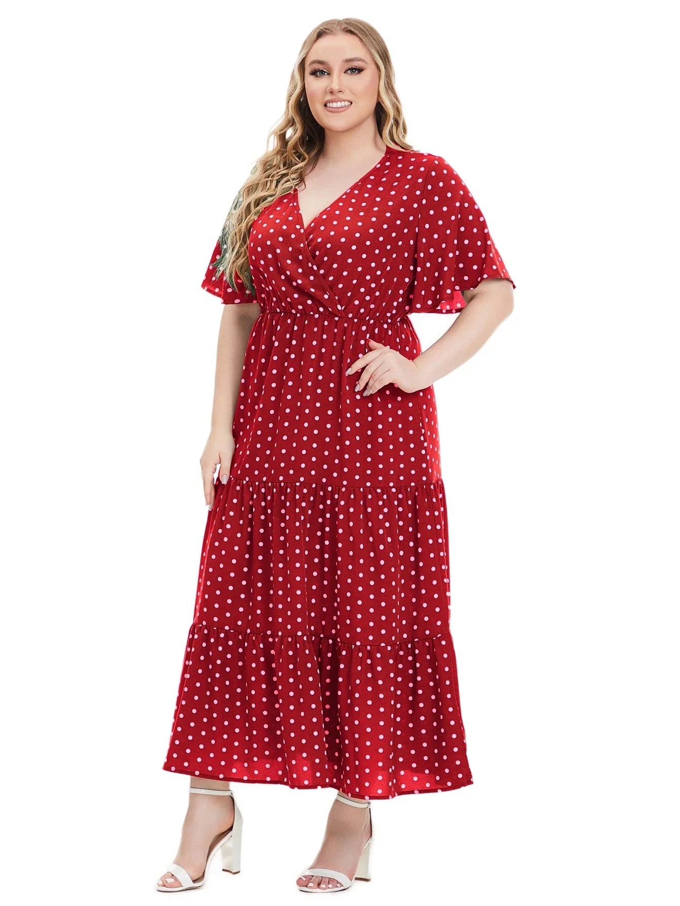 Plus Size Polka Dot V-Neck Boho Maxi Dress