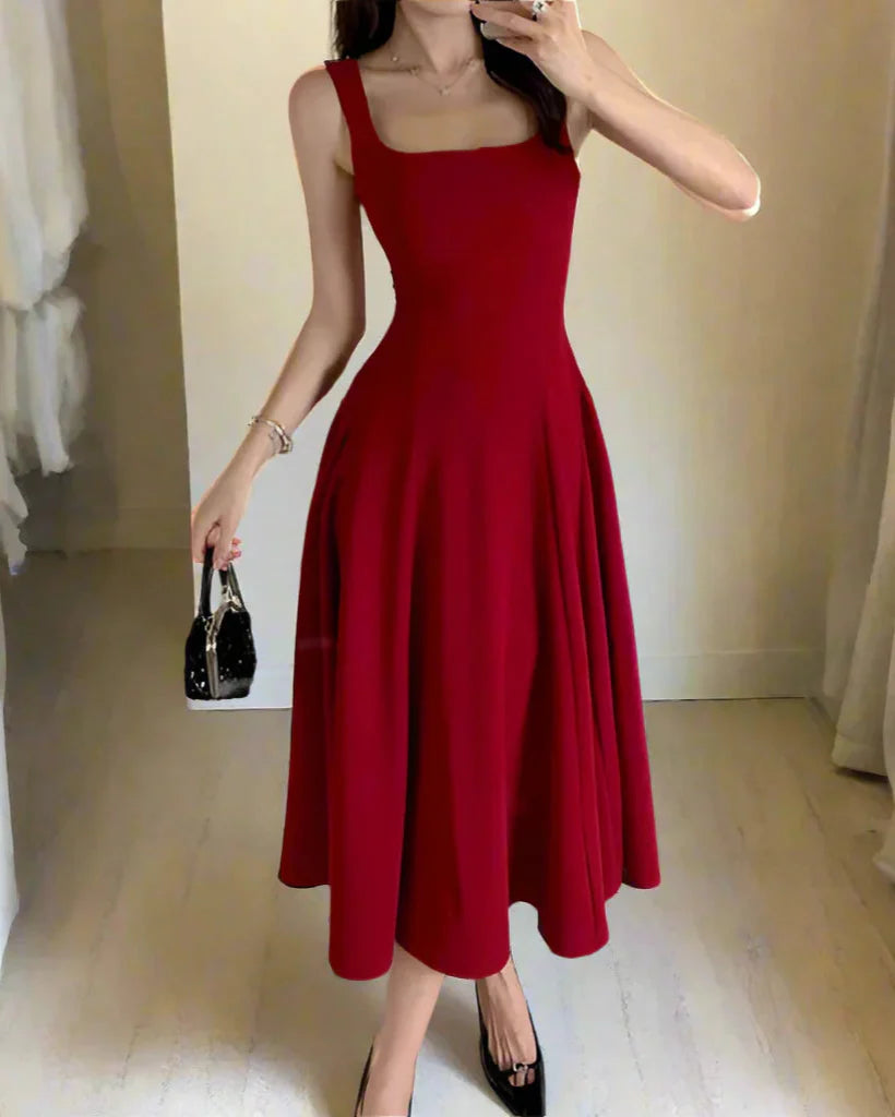 Square Collar Sleeveless A-Line Midi Dress