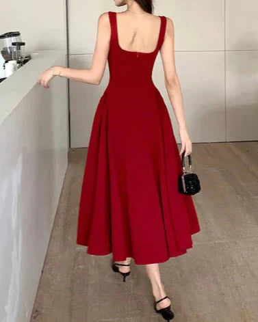 Square Collar Sleeveless A-Line Midi Dress