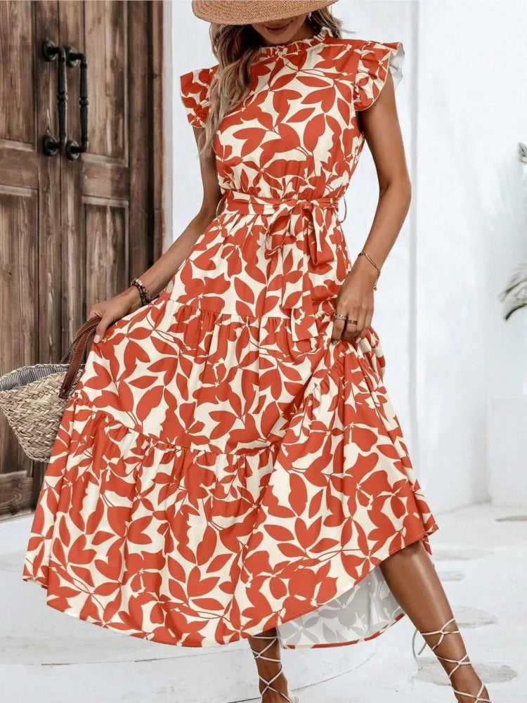Leaf Print Midi Dress with Flying Sleeves and Lace-Up Waist