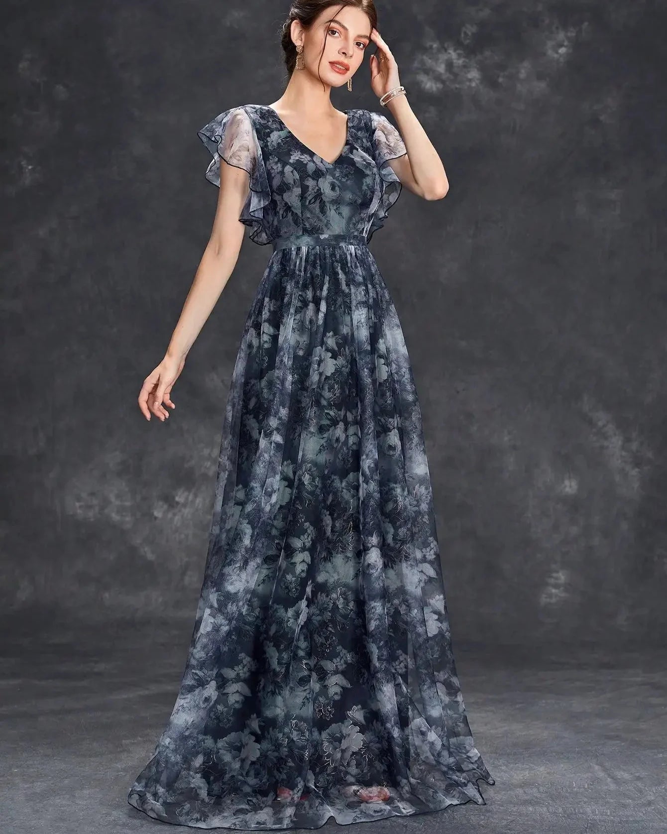 V-Neck Ruffled Lace Evening Gown – Ankle-Length Dress