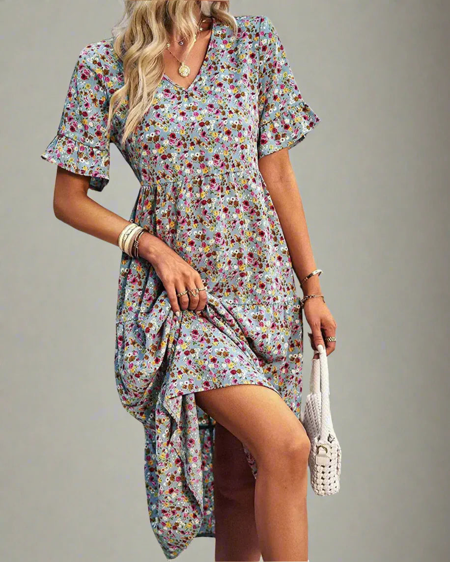 Boho Floral V-Neck Dress Casual Floral Knee-Length Outfit
