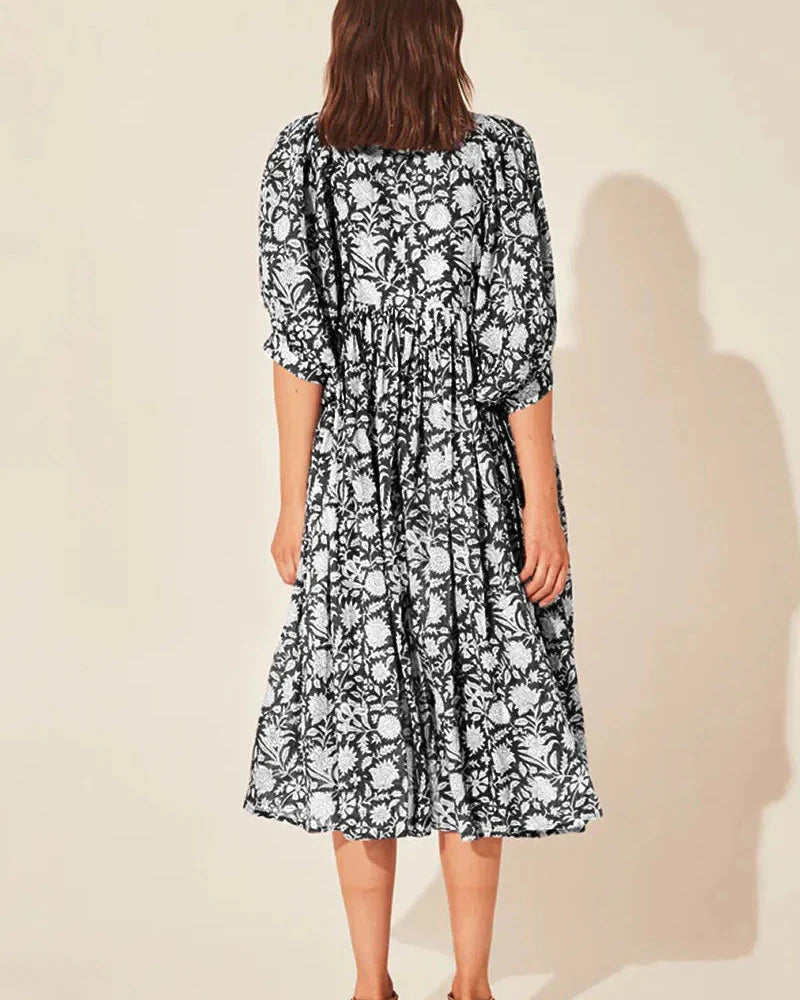 Boho Vintage Floral Puff Sleeve Patchwork Pleated Dress