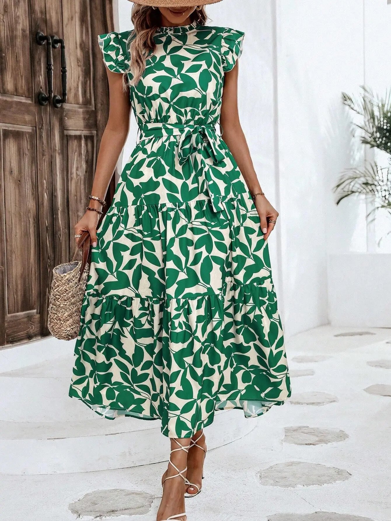 Leaf Print Midi Dress with Flying Sleeves and Lace-Up Waist