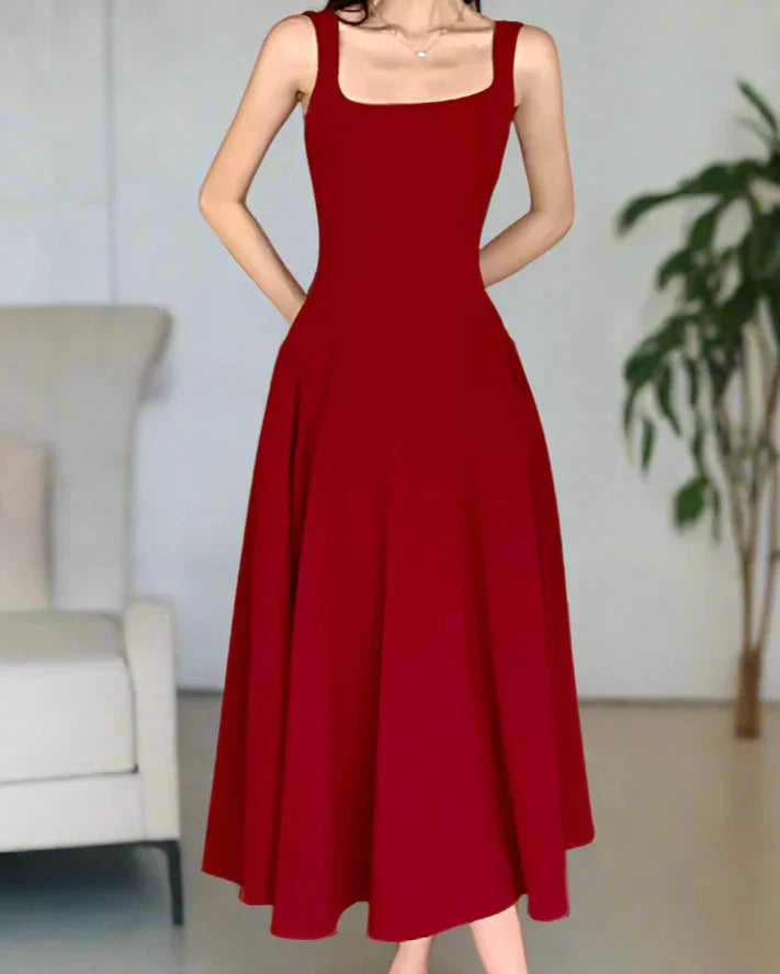 Square Collar Sleeveless A-Line Midi Dress