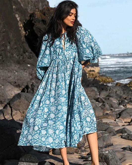 Boho Vintage Floral Puff Sleeve Patchwork Pleated Dress
