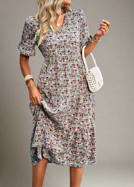 Boho Floral V-Neck Dress Casual Floral Knee-Length Outfit
