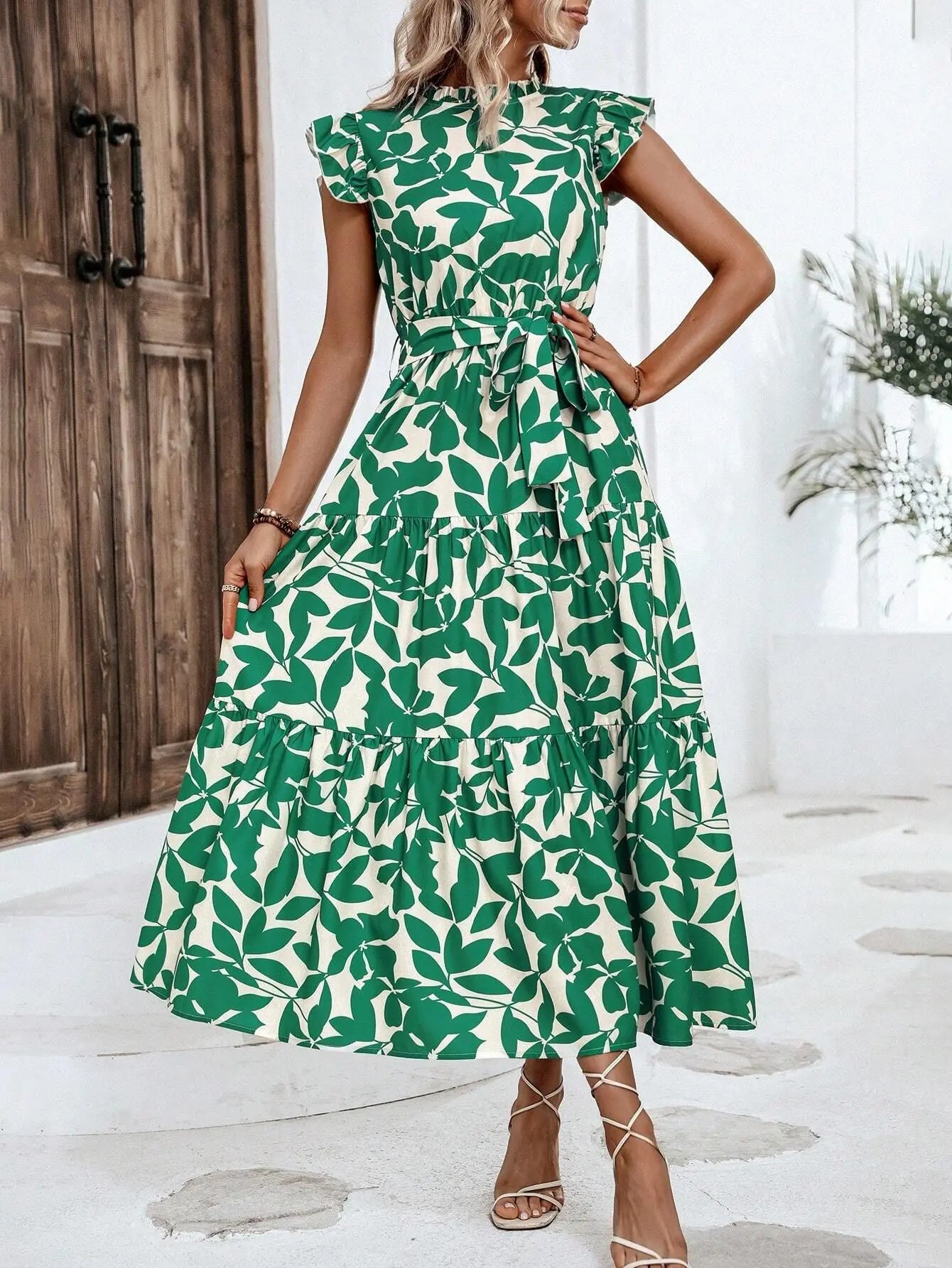 Leaf Print Midi Dress with Flying Sleeves and Lace-Up Waist