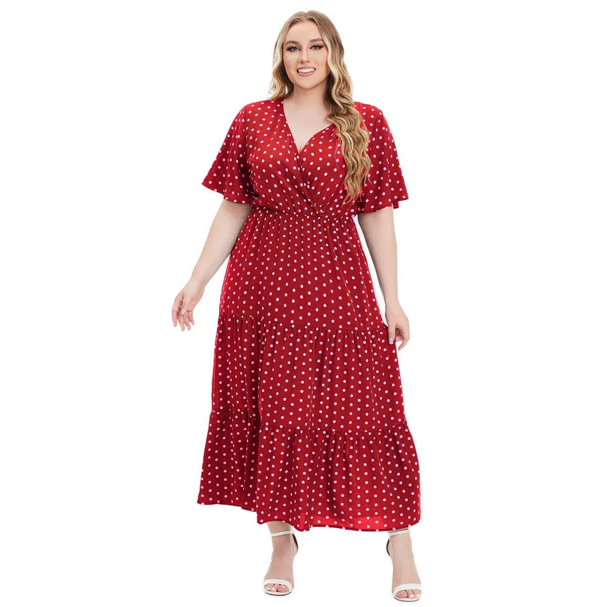Plus Size Polka Dot V-Neck Boho Maxi Dress