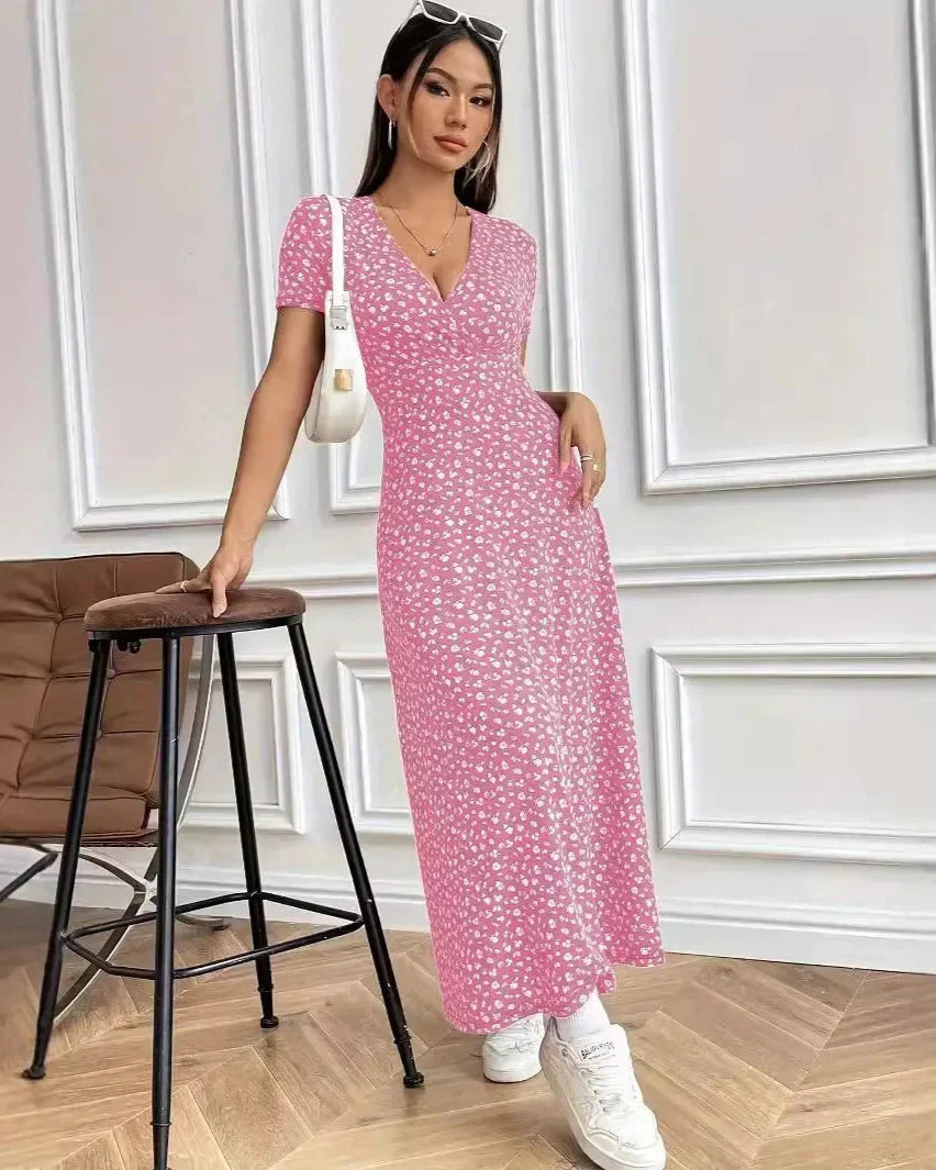 Floral V-Neck Short Sleeve Commuter Style Dress