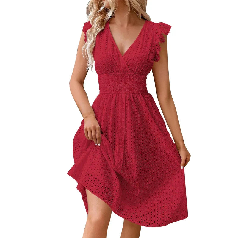 Summer V-Neck Beach Dress with Flare Sleeves & Lace Waist