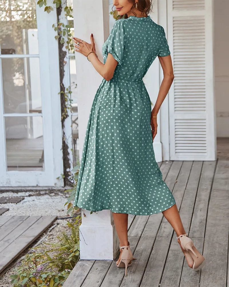 Polka Dot Print Button-Up Midi Shirt Dress