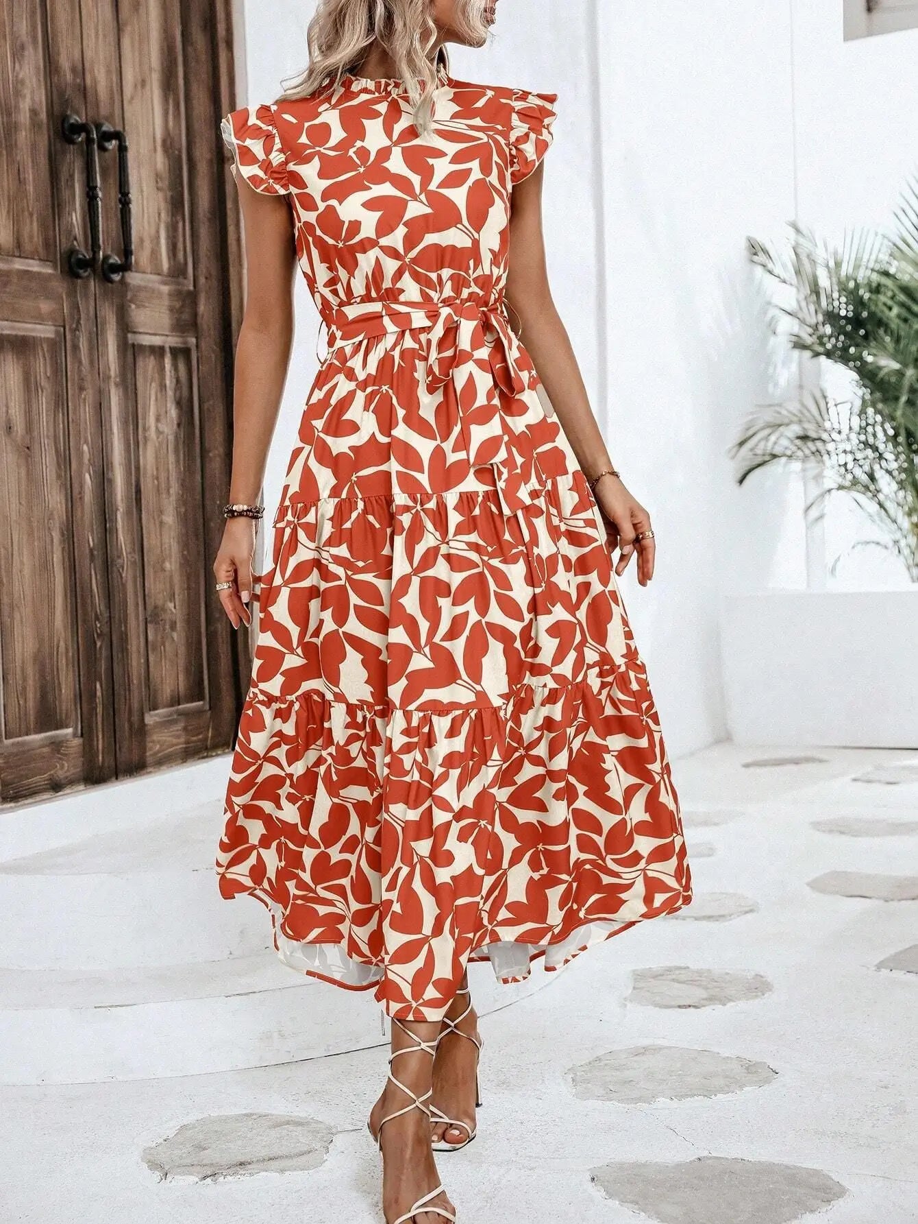 Leaf Print Midi Dress with Flying Sleeves and Lace-Up Waist
